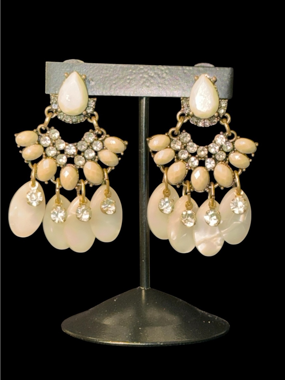 Ivory Jeweled stones pierced post back dandle earrings gold tone rhinestone